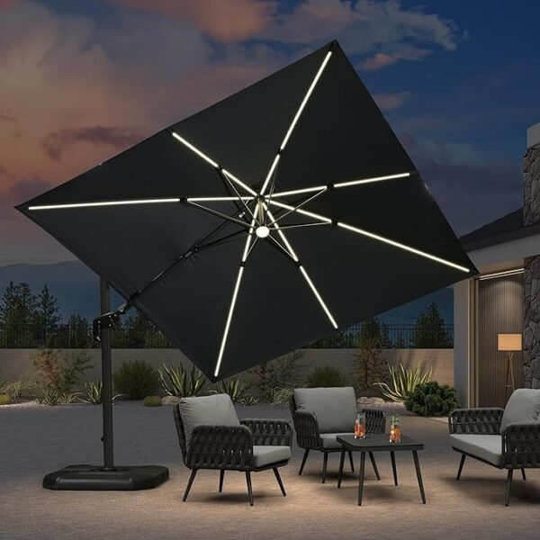 Quadratischer, neigbarer Solar-LED-Ampelschirm 3 × 3 m, Gartenschirm für den Außenbereich