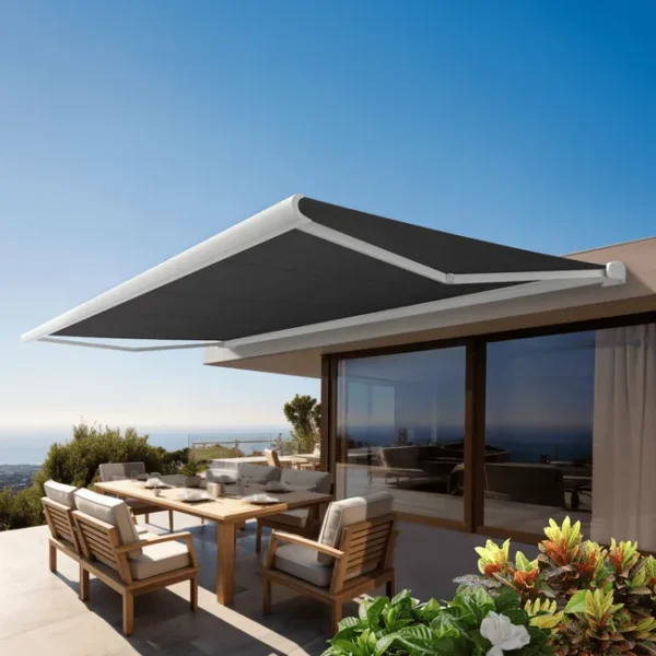 Vollkassettenmarkise PROTECT 2 LED SMART in Weiß 6×3,5 m, motorisiert mit Fernbedienung, Windsensor und LED-Beleuchtung – Markisentuch in Anthrazitgrau