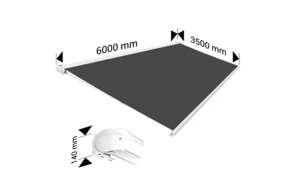 Vollkassettenmarkise PROTECT 2 LED SMART in Weiß 6×3,5 m, motorisiert mit Fernbedienung, Windsensor und LED-Beleuchtung – Markisentuch in Anthrazitgrau